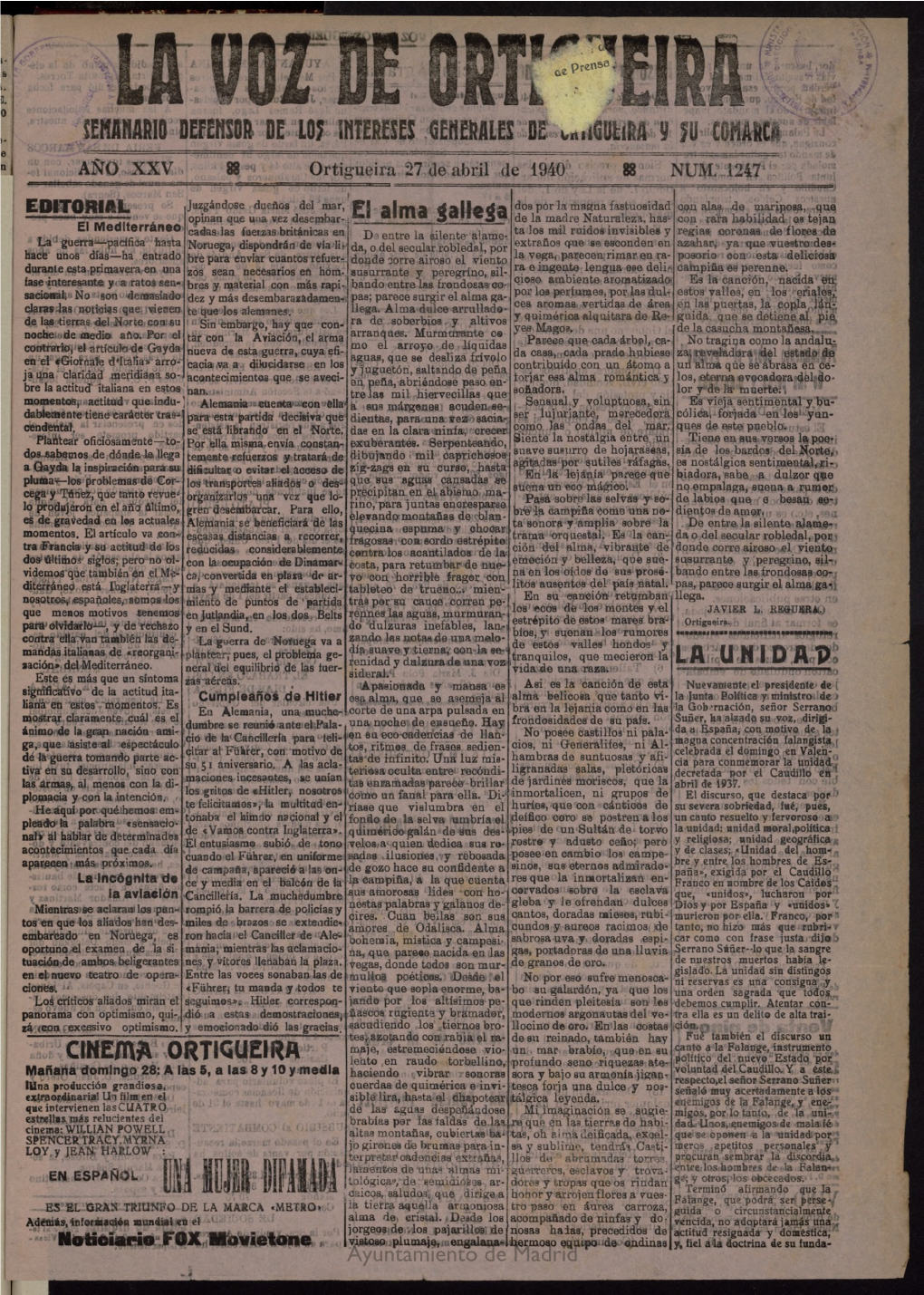 La Voz De Ortigueira Del 27 De Abril De 1940, Nº 1247