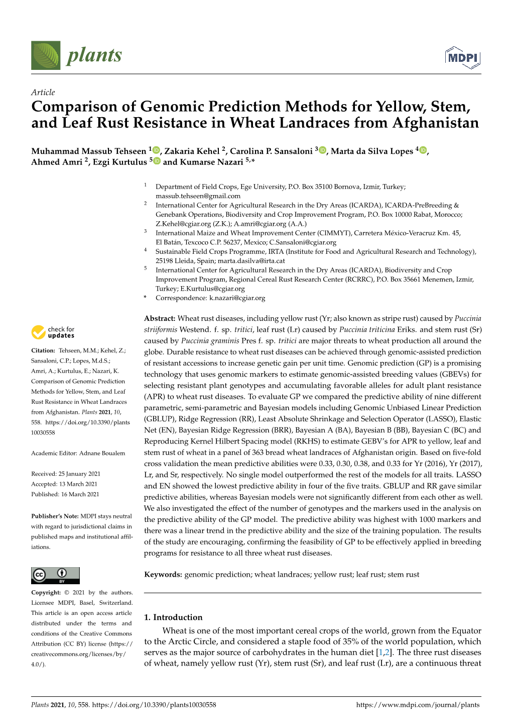 Comparison of Genomic Prediction Methods for Yellow, Stem, and Leaf Rust Resistance in Wheat Landraces from Afghanistan