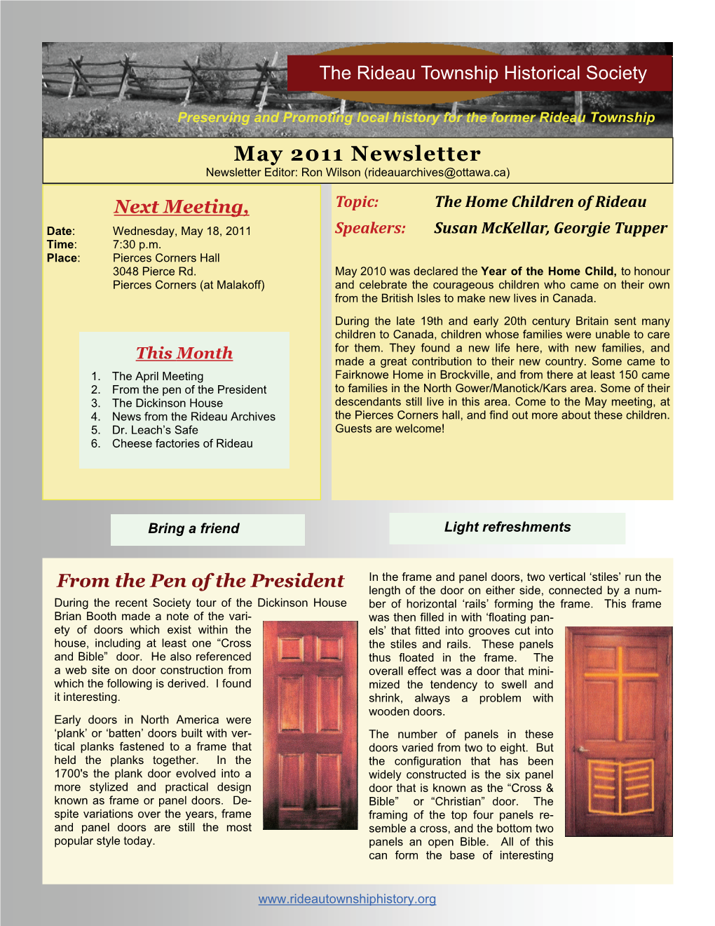 May 2011 Newsletter Newsletter Editor: Ron Wilson (Rideauarchives@Ottawa.Ca)