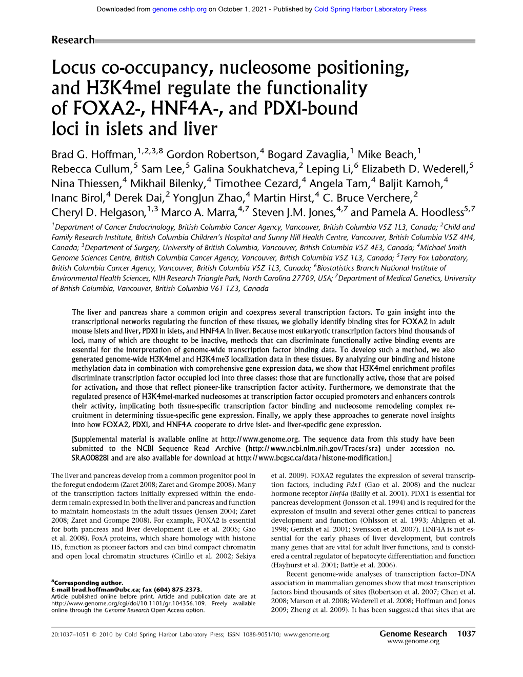 Locus Co-Occupancy, Nucleosome Positioning, and H3k4me1 Regulate the Functionality of FOXA2-, HNF4A-, and PDX1-Bound Loci in Islets and Liver