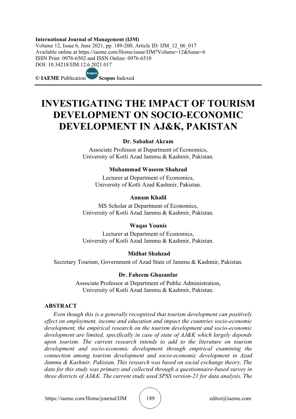 Investigating the Impact of Tourism Development on Socio-Economic Development in Aj&K, Pakistan