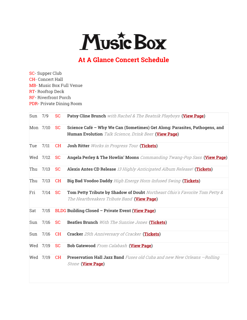 At a Glance Concert Schedule