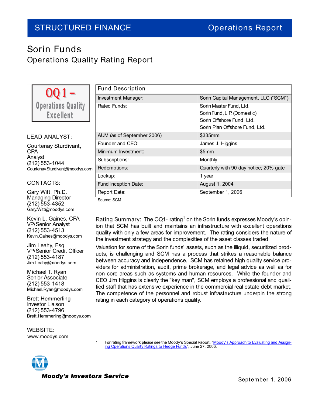 Sorin Funds Operations Quality Rating Report