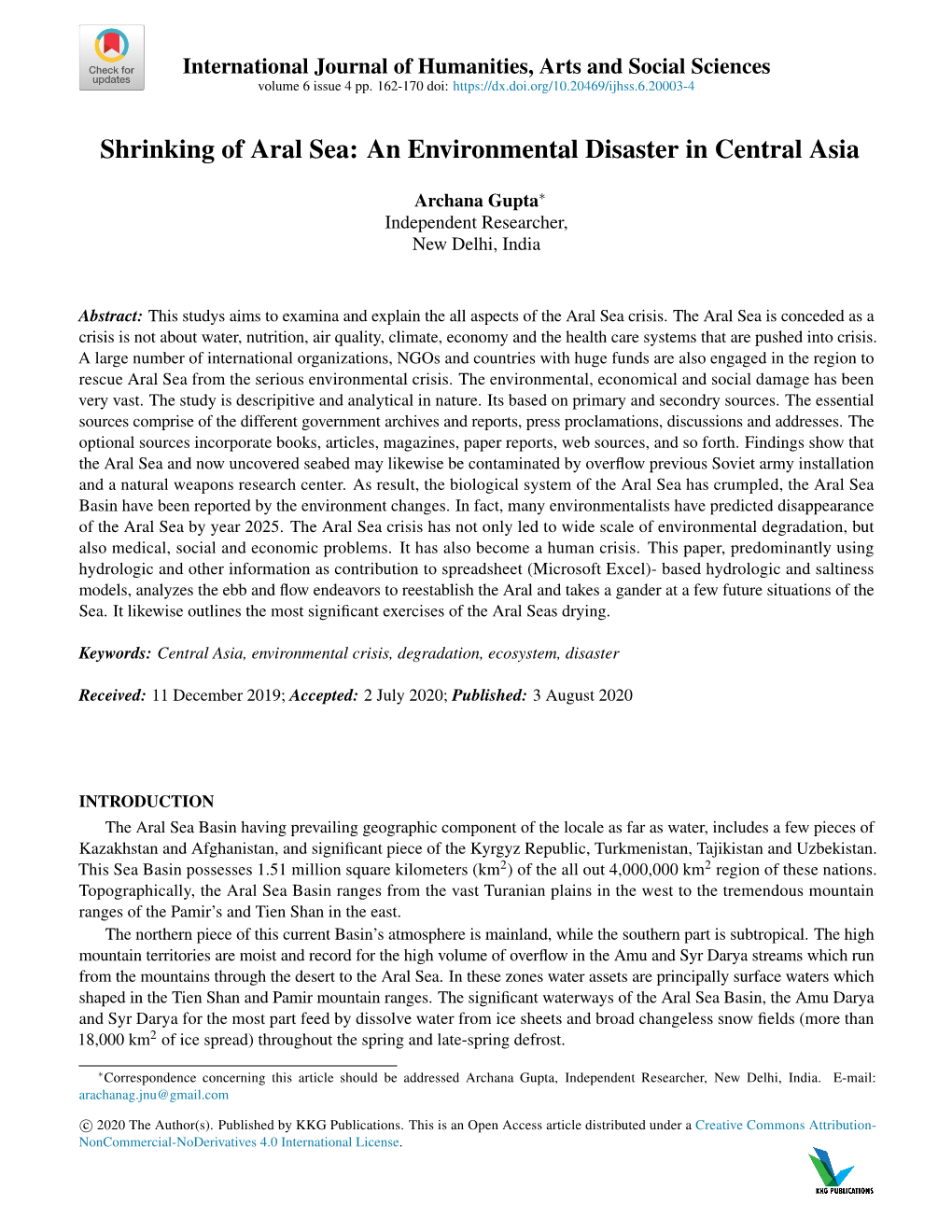 Shrinking of Aral Sea: an Environmental Disaster in Central Asia