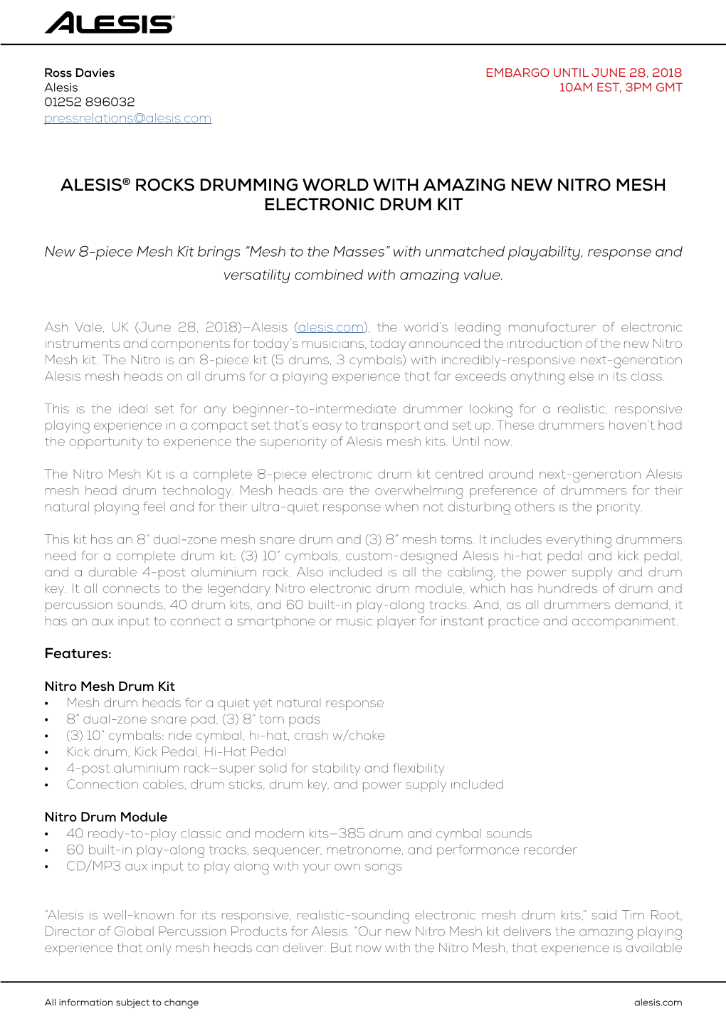 Alesis® Rocks Drumming World with Amazing New Nitro Mesh Electronic Drum Kit