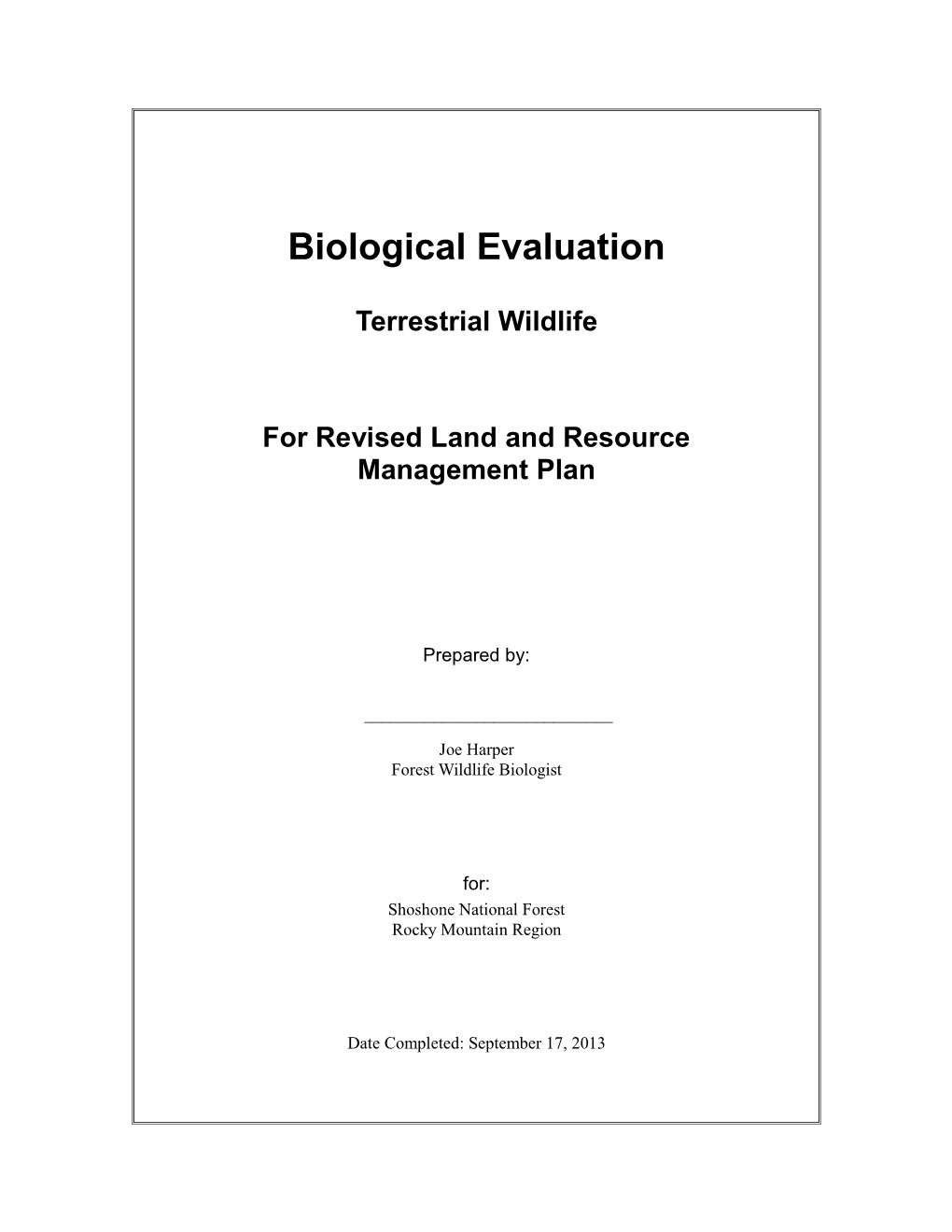 Biological Evaluation for the Shoshone National Forest Revised