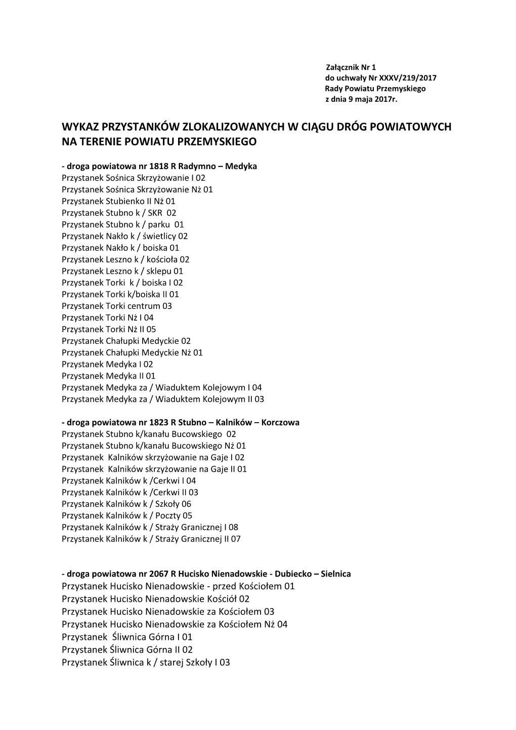 Wykaz Przystanków Zlokalizowanych W Ciągu Dróg Powiatowych Na Terenie Powiatu Przemyskiego