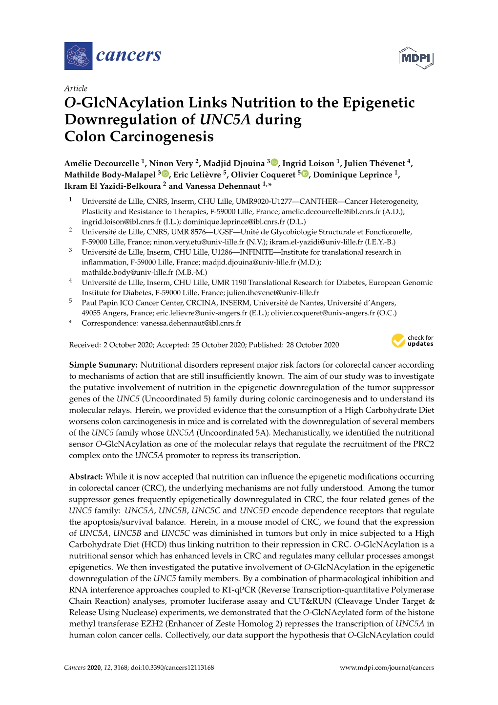 O-Glcnacylation Links Nutrition to the Epigenetic Downregulation of UNC5A During Colon Carcinogenesis