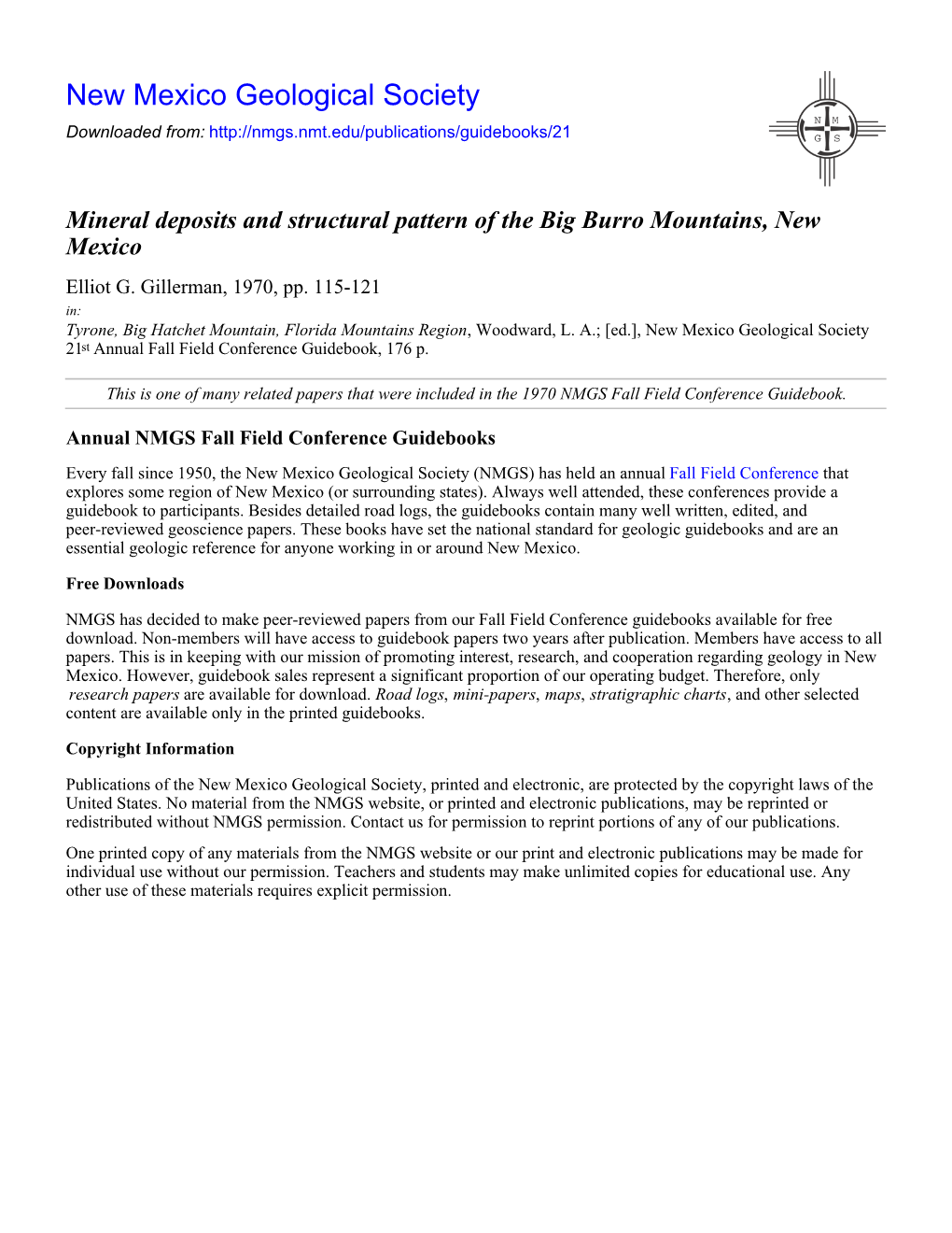 Mineral Deposits and Structural Pattern of the Big Burro Mountains, New Mexico Elliot G