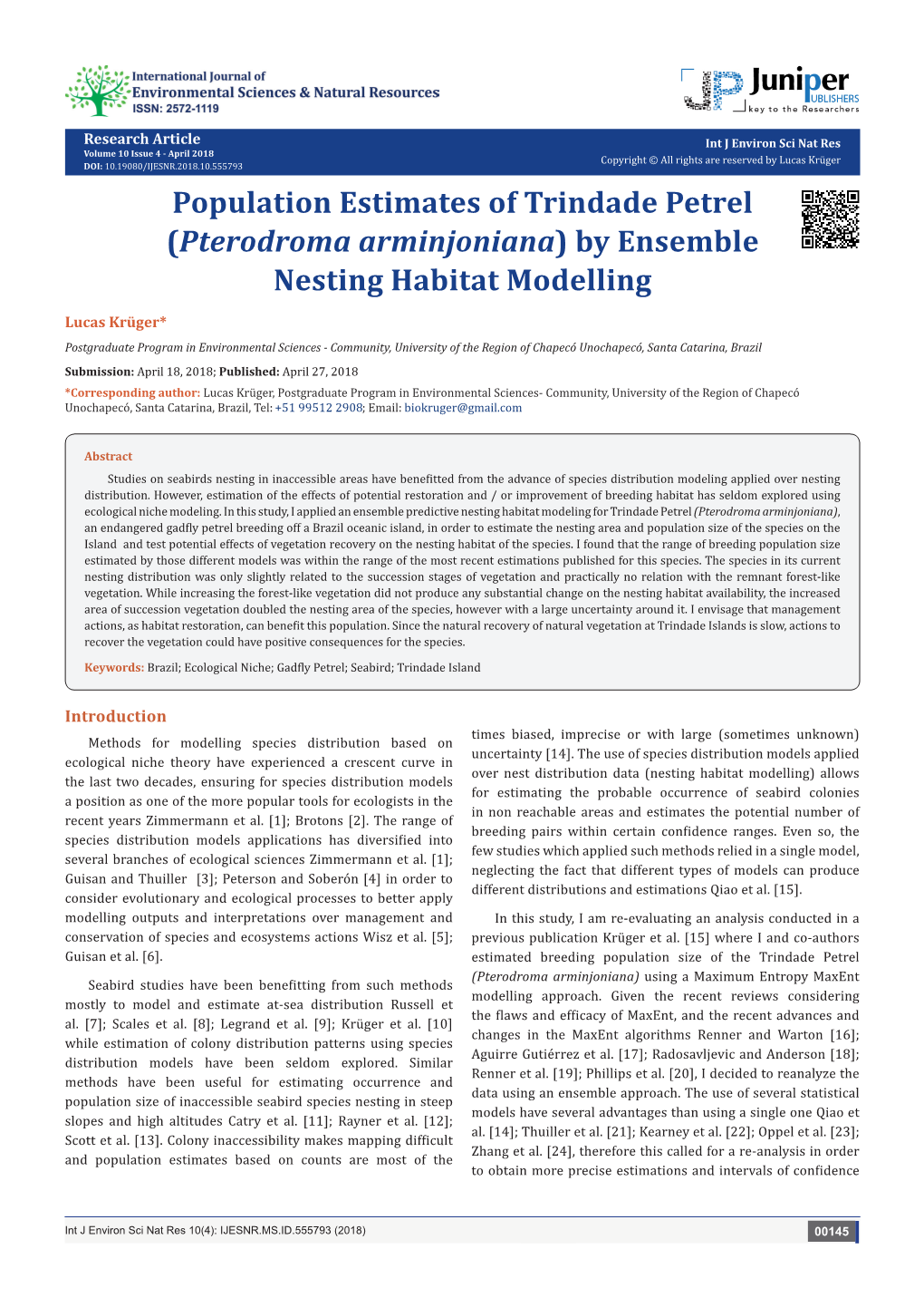 Pterodroma Arminjoniana) by Ensemble Nesting Habitat Modelling