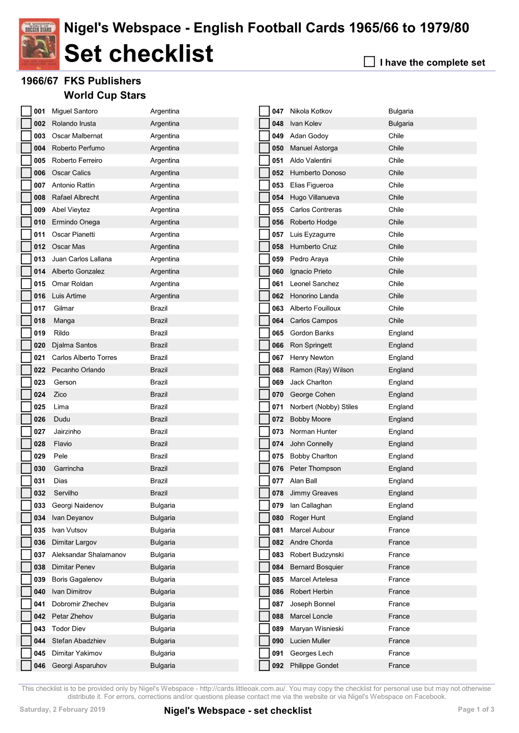 Set Checklist I Have the Complete Set 1966/67 FKS Publishers World Cup Stars