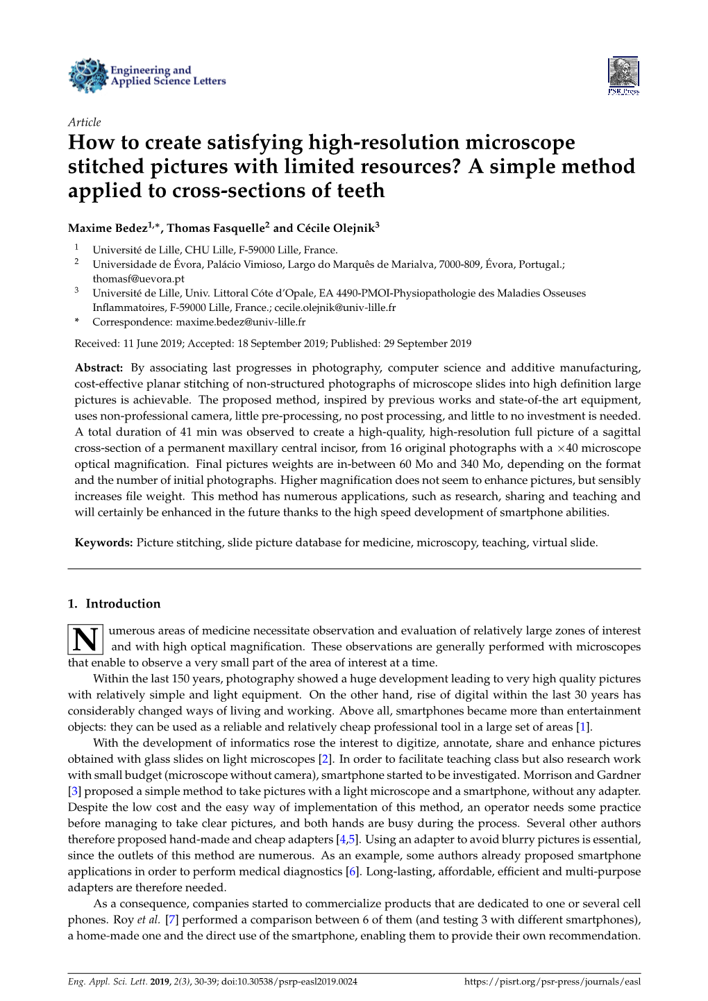 How to Create Satisfying High-Resolution Microscope Stitched Pictures with Limited Resources? a Simple Method Applied to Cross-Sections of Teeth