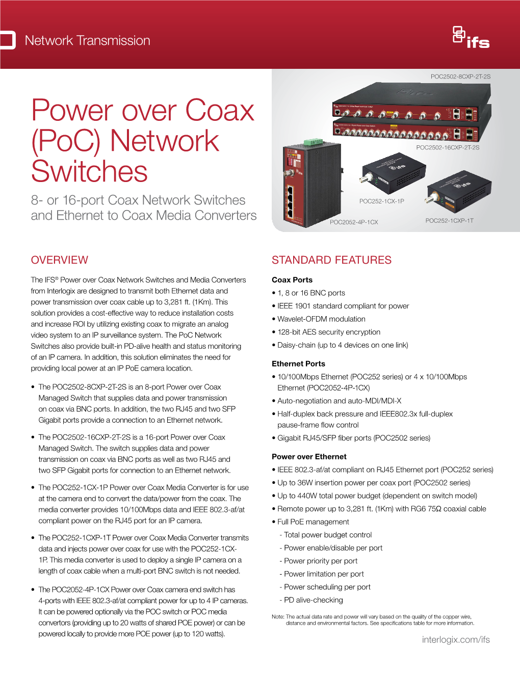Power Over Coax (Poc) Network Switches 8- Or 16-Port Coax Network Switches and Ethernet to Coax Media Converters