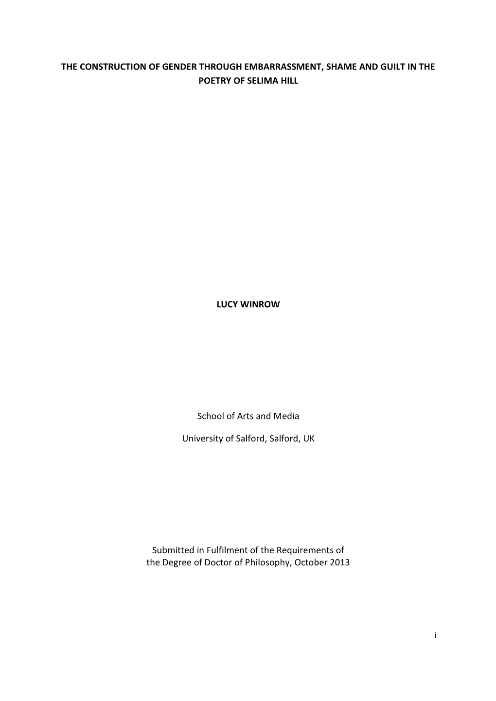 The Construction of Gender Through Embarrassment, Shame and Guilt in the Poetry of Selima Hill