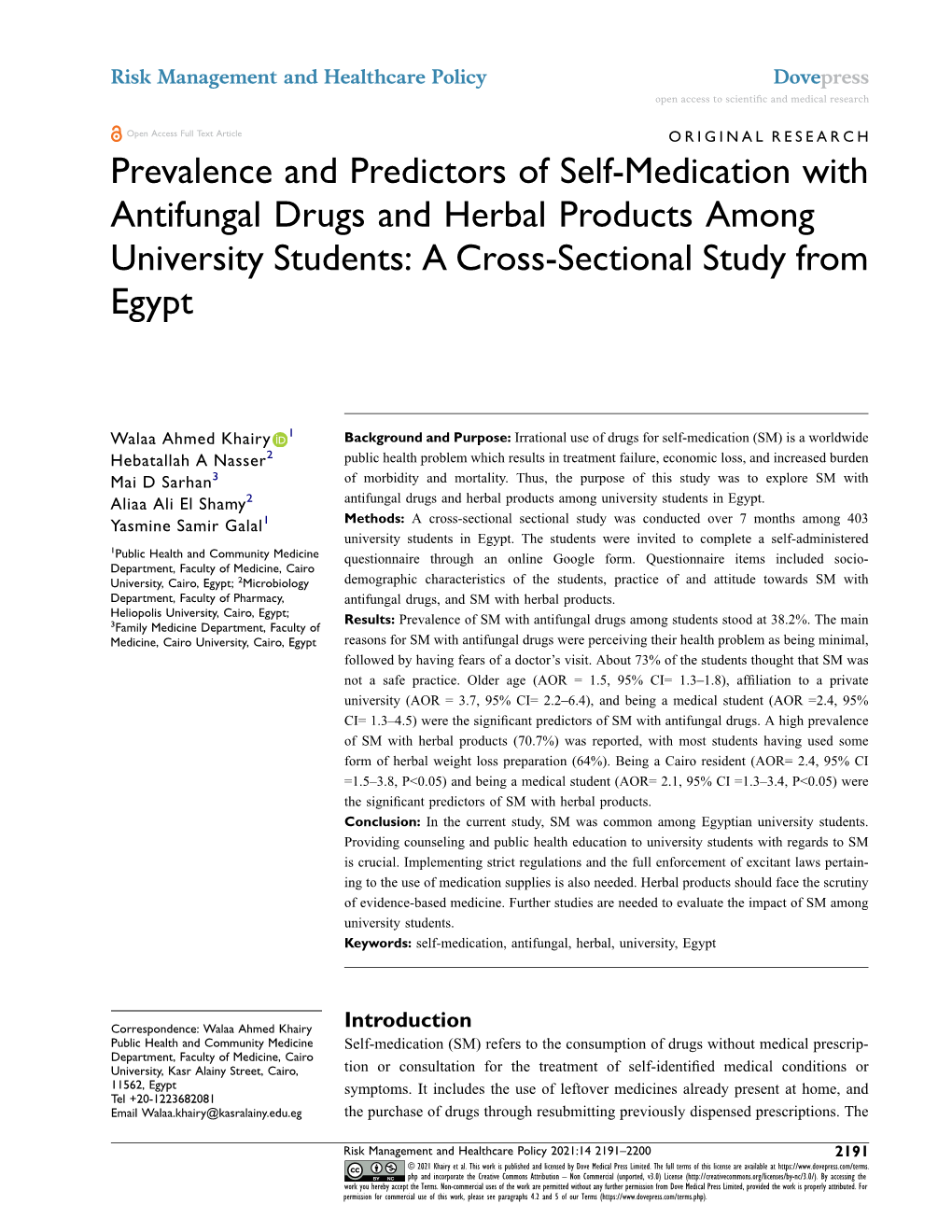 Prevalence and Predictors of Self-Medication with Antifungal Drugs and Herbal Products Among University Students: a Cross-Sectional Study from Egypt