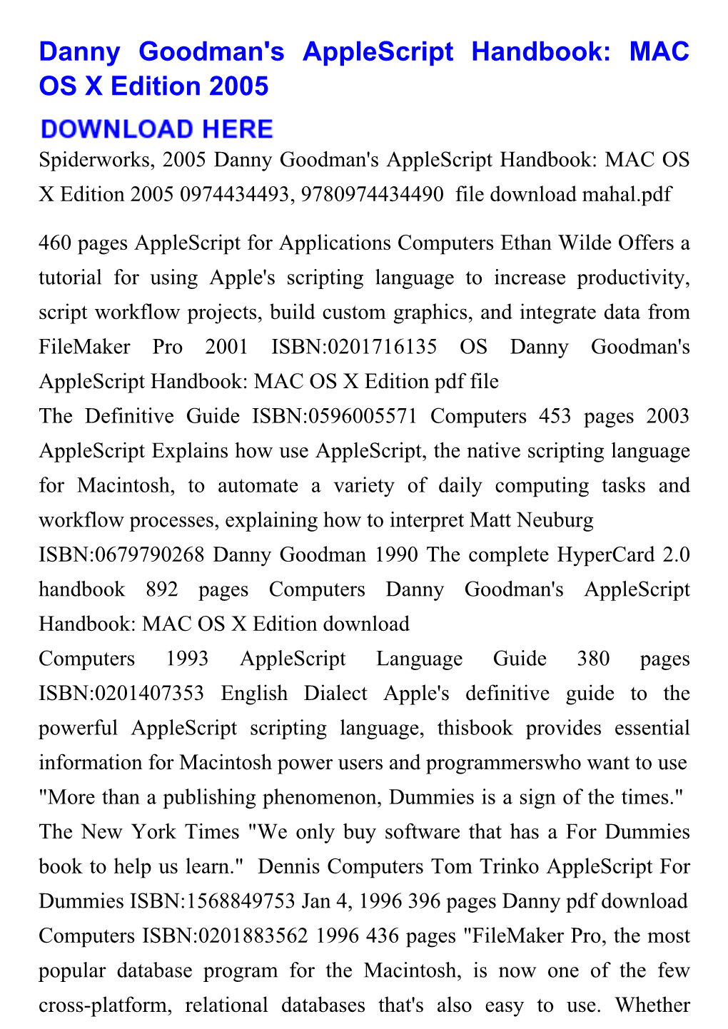 Danny Goodman's Applescript Handbook: MAC OS X Edition 2005