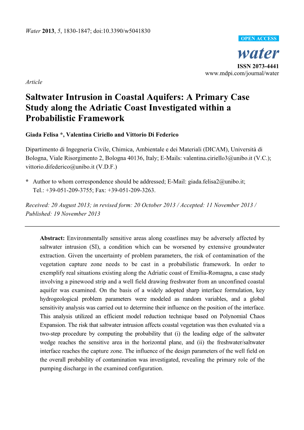 Saltwater Intrusion in Coastal Aquifers: a Primary Case Study Along the Adriatic Coast Investigated Within a Probabilistic Framework