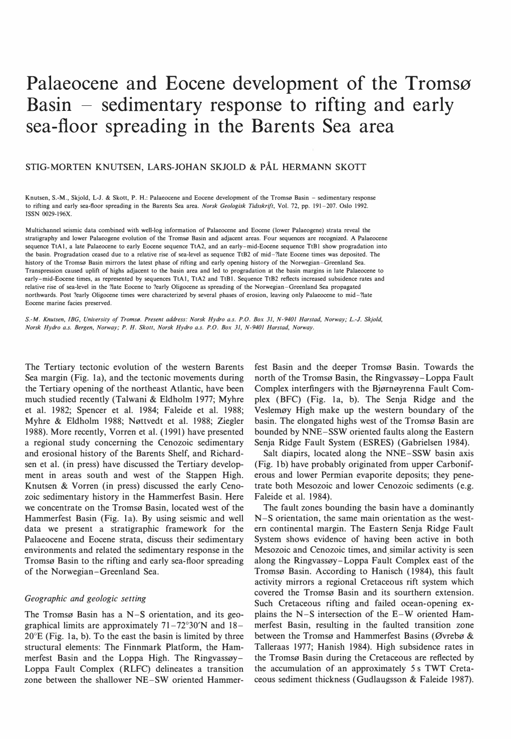 Palaeocene and Eocene Development of the Tromsø Basin Sedimentary Response to Rifting and Early Sea-Floor Spreading in the Barents Sea Area