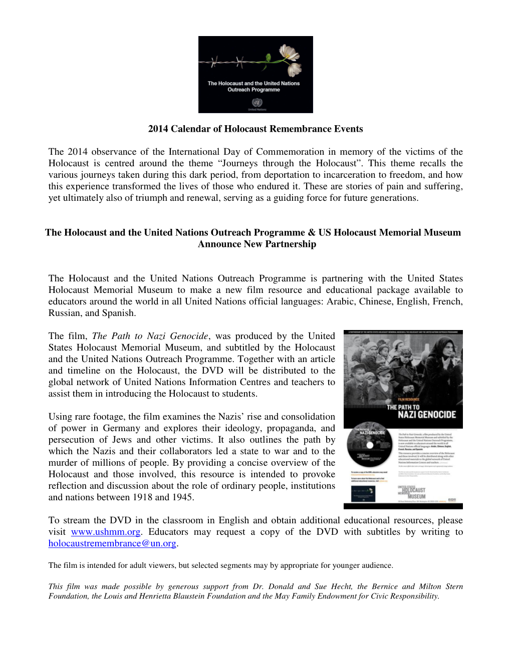 2014 Calendar of Holocaust Remembrance Events the 2014 Observance of the International Day of Commemoration in Memory of The
