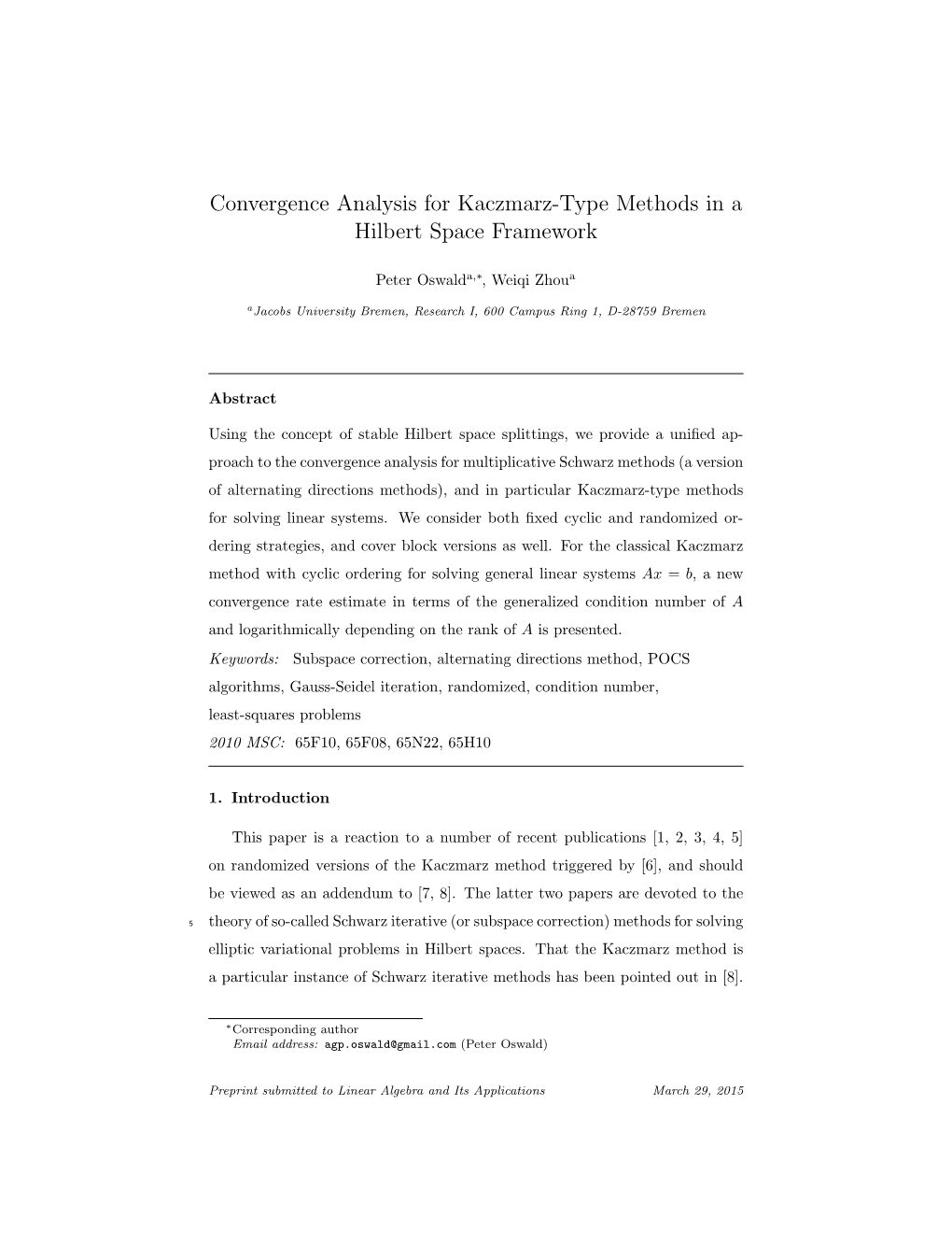 Convergence Analysis for Kaczmarz-Type Methods in a Hilbert Space Framework