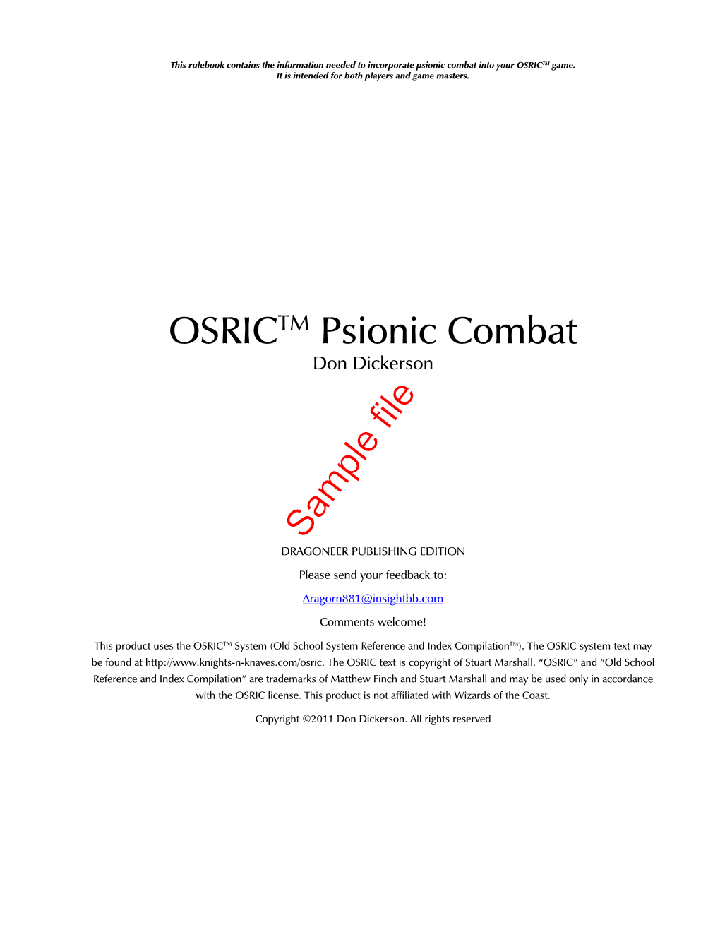 OSRIC PSIONIC COMBAT Was Initiated in 2011 at the Request of My Eldest Daughter