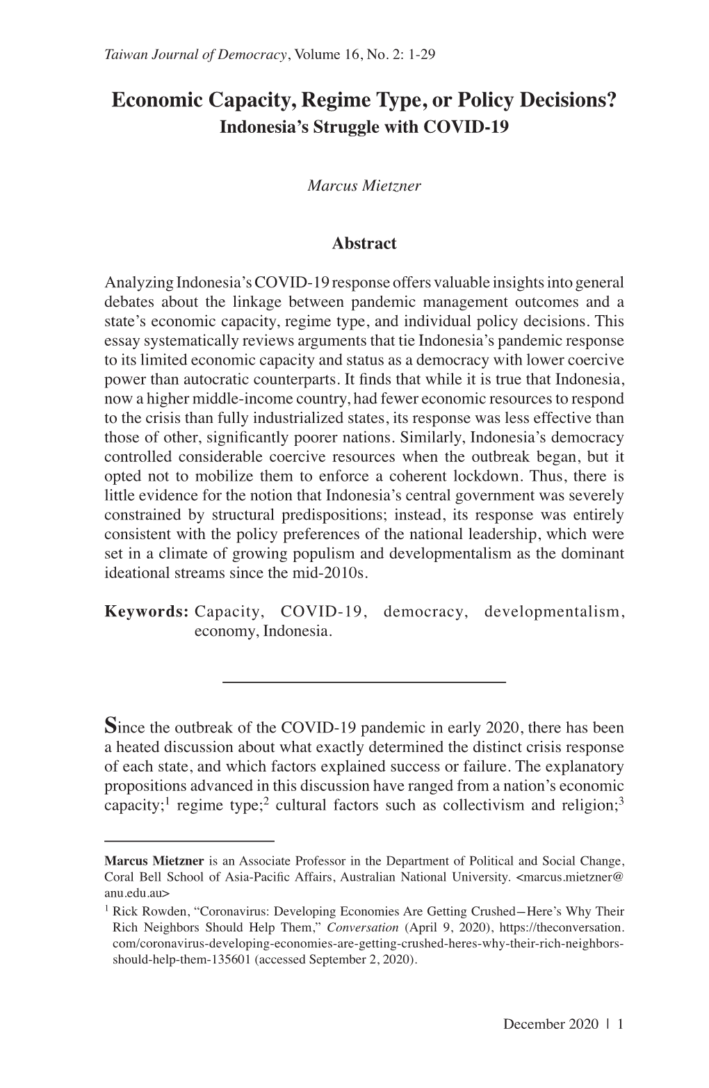 Economic Capacity, Regime Type, Or Policy Decisions? Indonesia’S Struggle with COVID-19