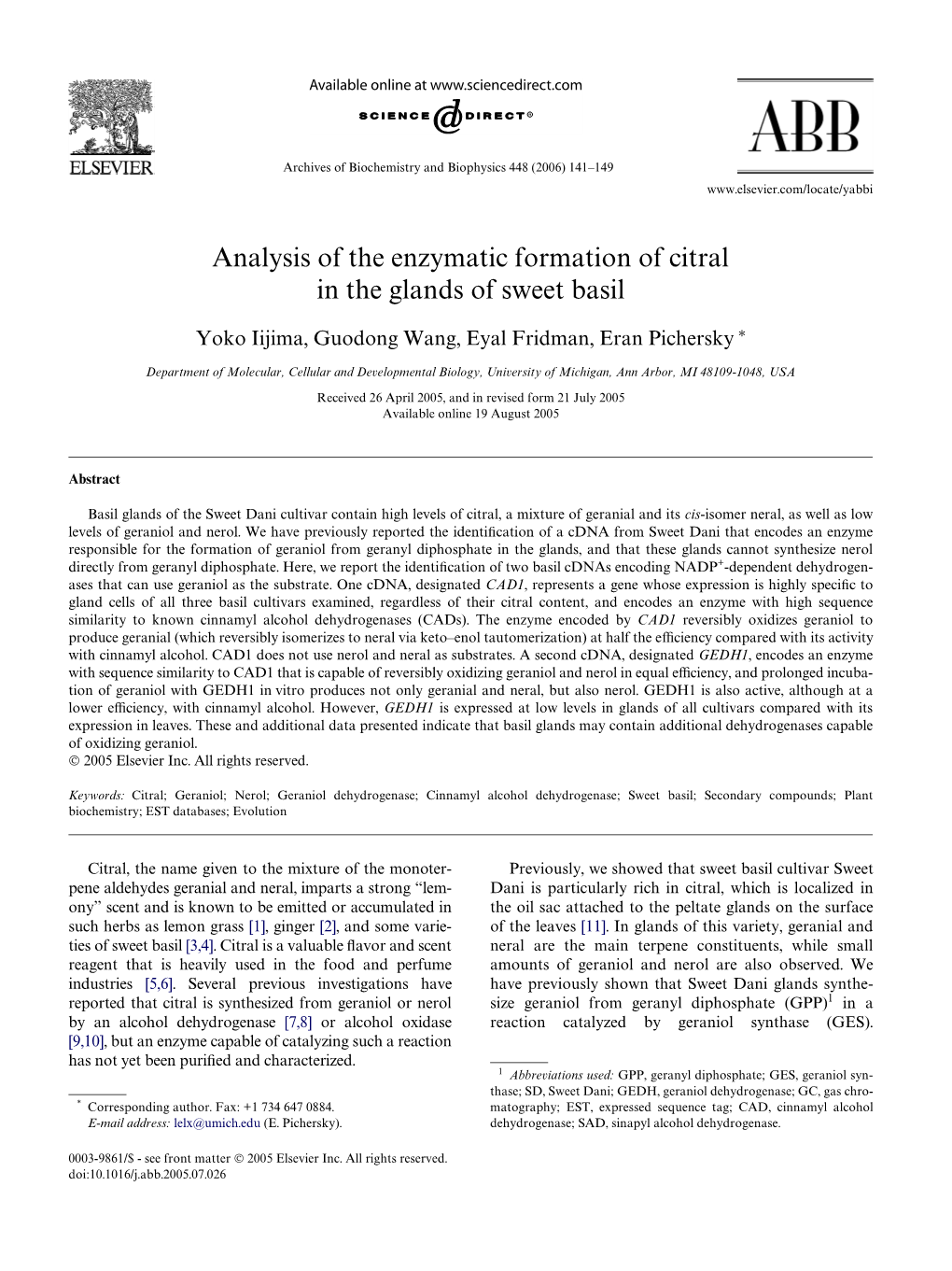 Analysis of the Enzymatic Formation of Citral in the Glands of Sweet Basil