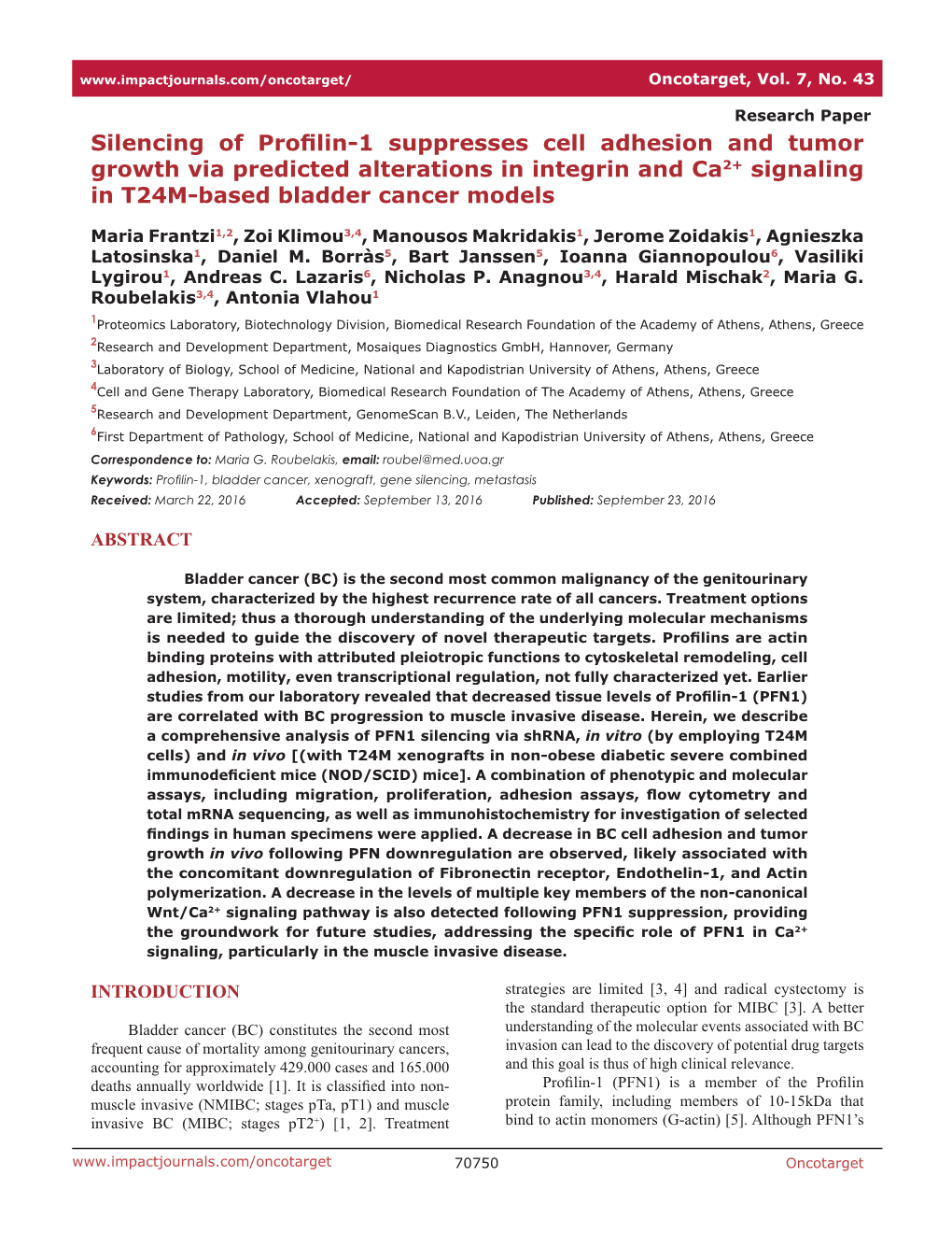 Silencing of Profilin-1 Suppresses Cell Adhesion and Tumor Growth Via Predicted Alterations in Integrin and Ca2+ Signaling in T24M-Based Bladder Cancer Models