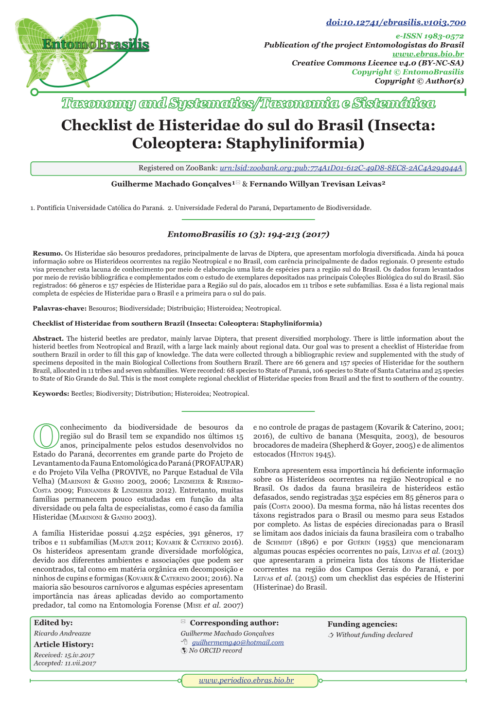 Checklist De Histeridae Do Sul Do Brasil (Insecta: Coleoptera: Staphyliniformia)