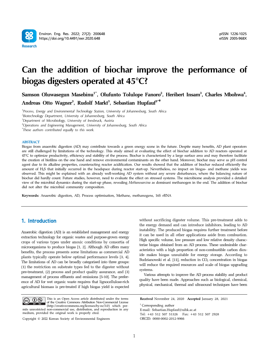 Can the Addition of Biochar Improve the Performance of Biogas Digesters Operated at 45°C?