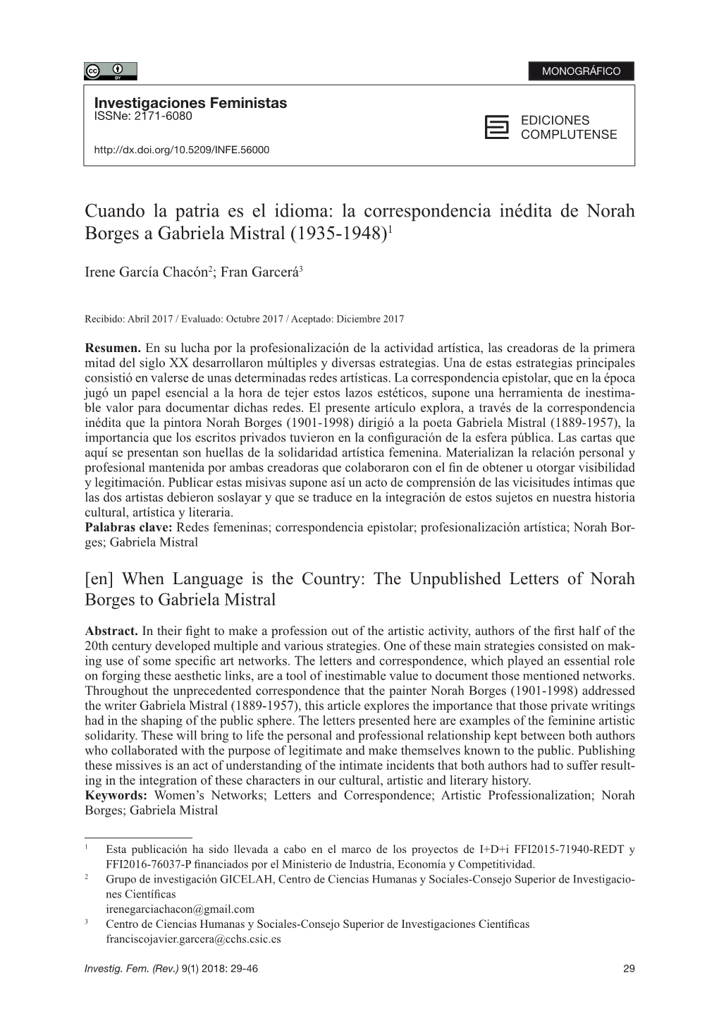 La Correspondencia Inédita De Norah Borges a Gabriela Mistral (1935-1948)1