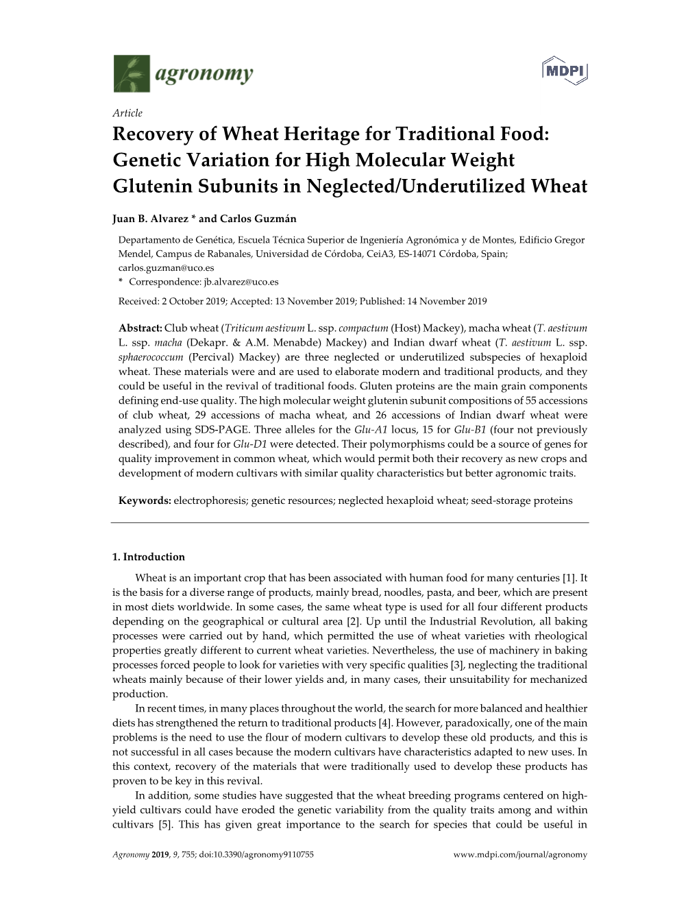 Recovery of Wheat Heritage for Traditional Food: Genetic Variation for High Molecular Weight Glutenin Subunits in Neglected/Underutilized Wheat