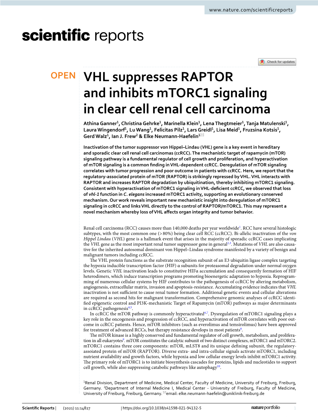 VHL Suppresses RAPTOR and Inhibits Mtorc1 Signaling in Clear Cell