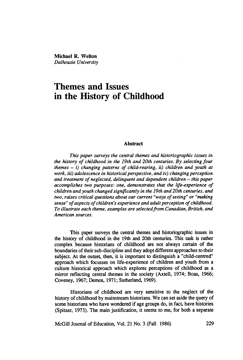Themes and Issues in the History of Childhood
