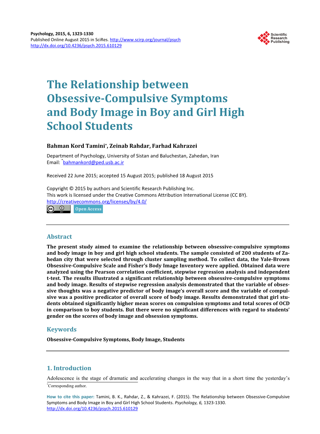 The Relationship Between Obsessive-Compulsive Symptoms and Body Image in Boy and Girl High School Students