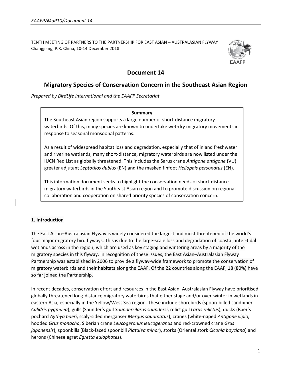 Document 14 Migratory Species of Conservation Concern in the Southeast Asian Region Prepared by Birdlife International and the EAAFP Secretariat