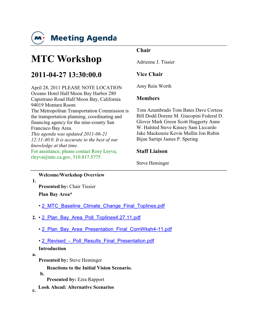 MTC Meeting Agenda