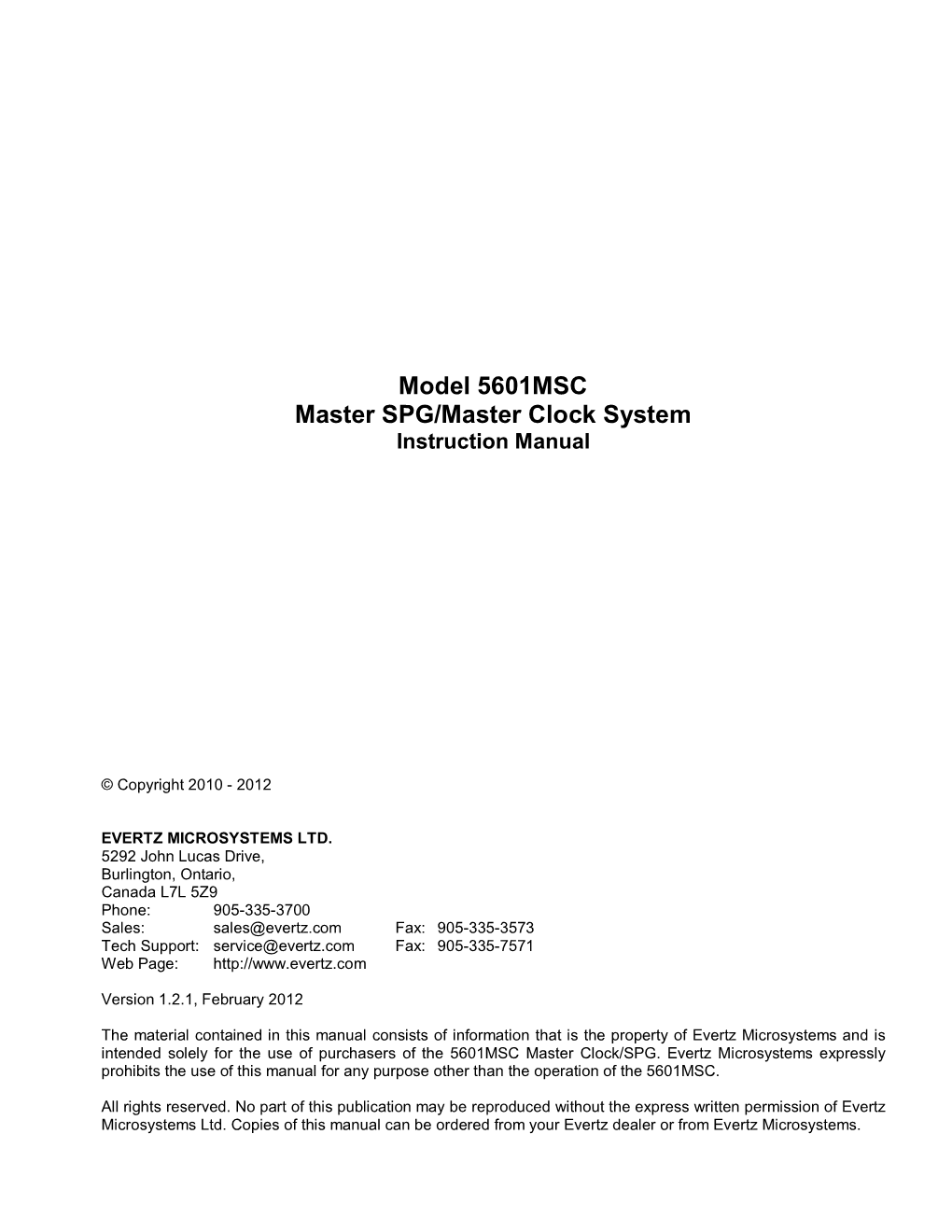 Model 5601MSC Master SPG/Master Clock System Instruction Manual