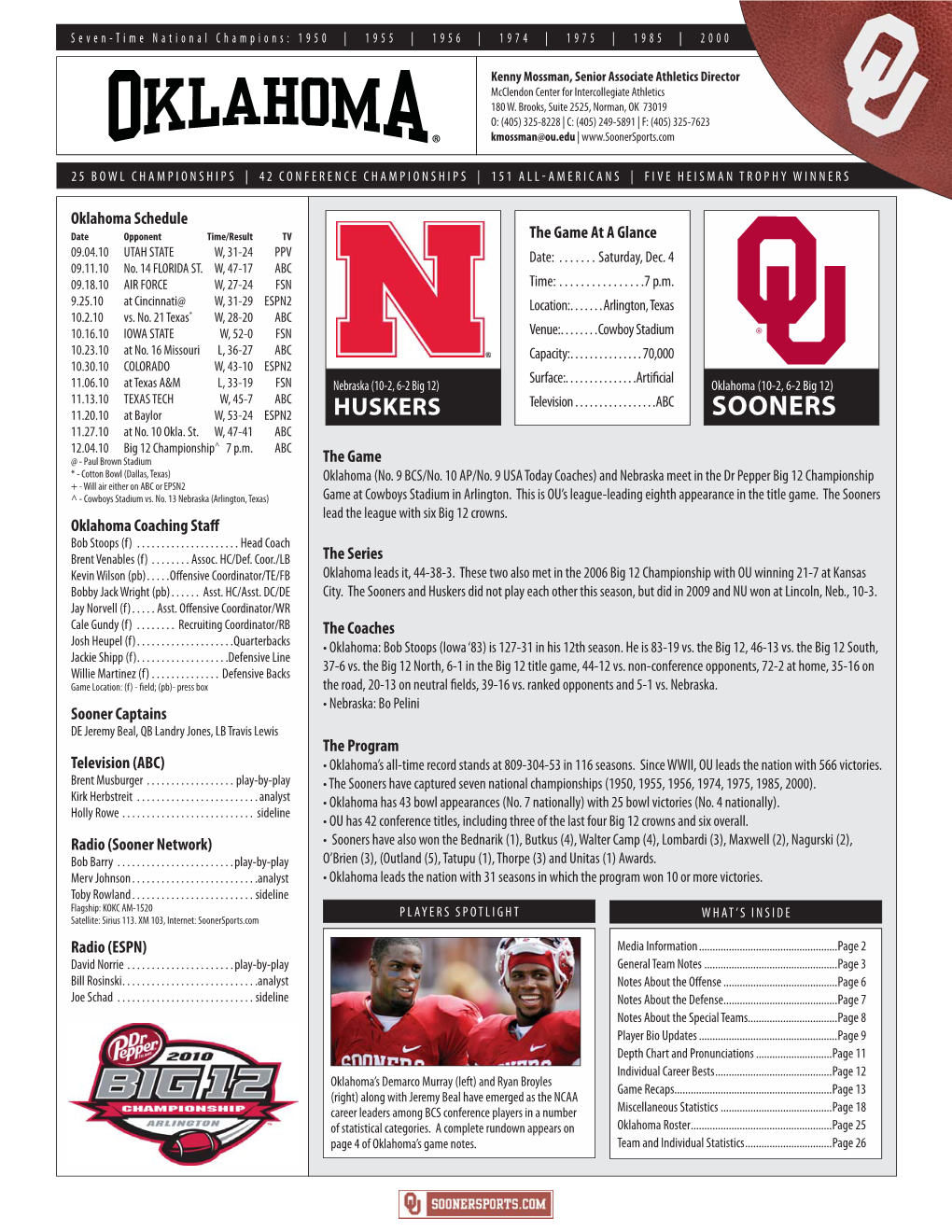 Big 12 Championship Vs. Nebraska Notes Template.Indd