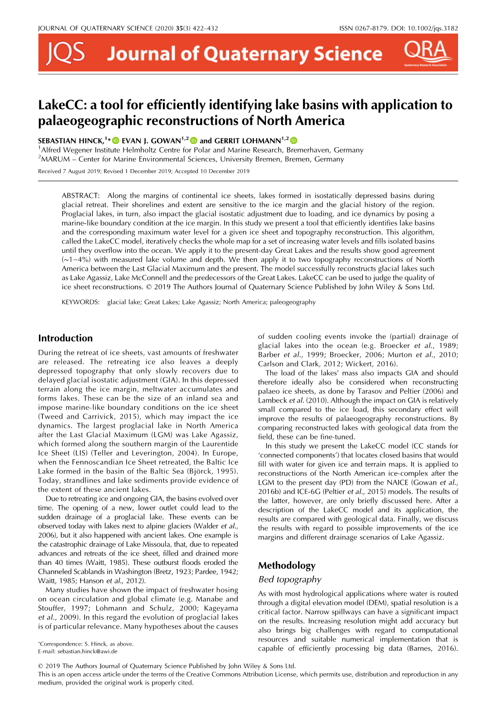 Lakecc: a Tool for Efficiently Identifying Lake Basins with Application to Palaeogeographic Reconstructions of North America