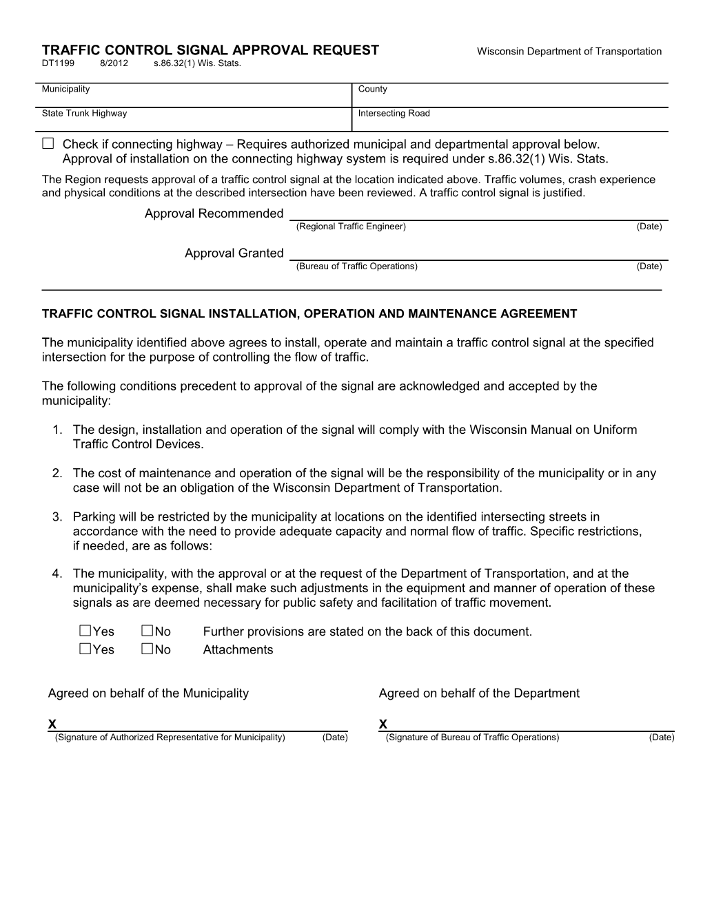 DT1199 Traffic Control Signal Approval Request / Agreement