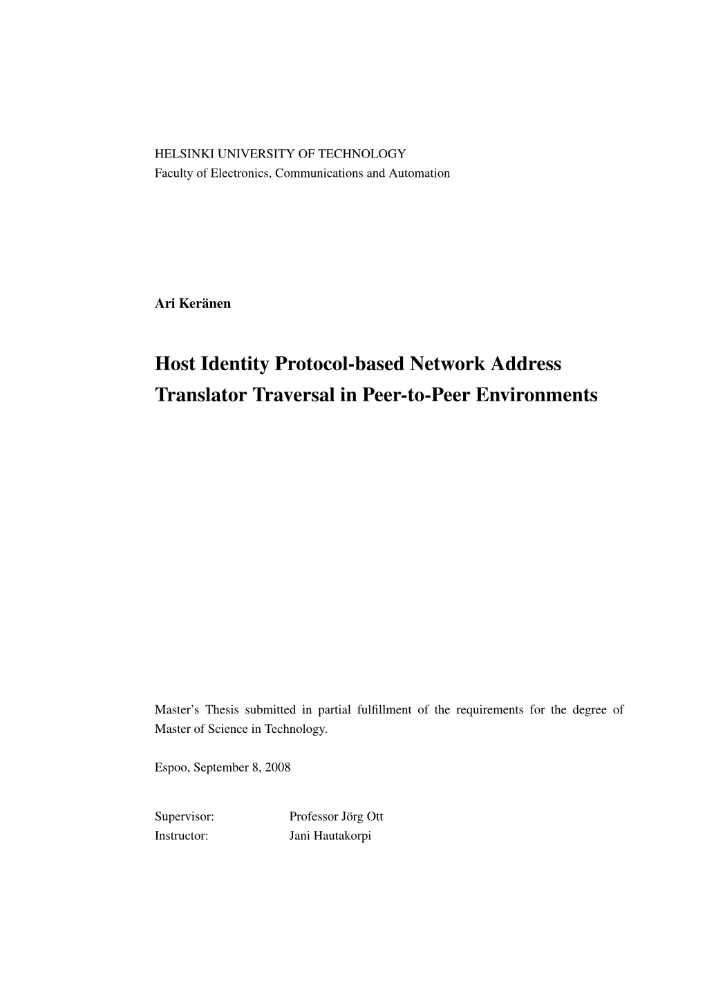 Host Identity Protocol-Based Network Address Translator Traversal in Peer-To-Peer Environments