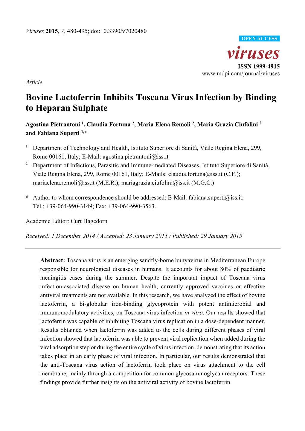 Bovine Lactoferrin Inhibits Toscana Virus Infection by Binding to Heparan Sulphate