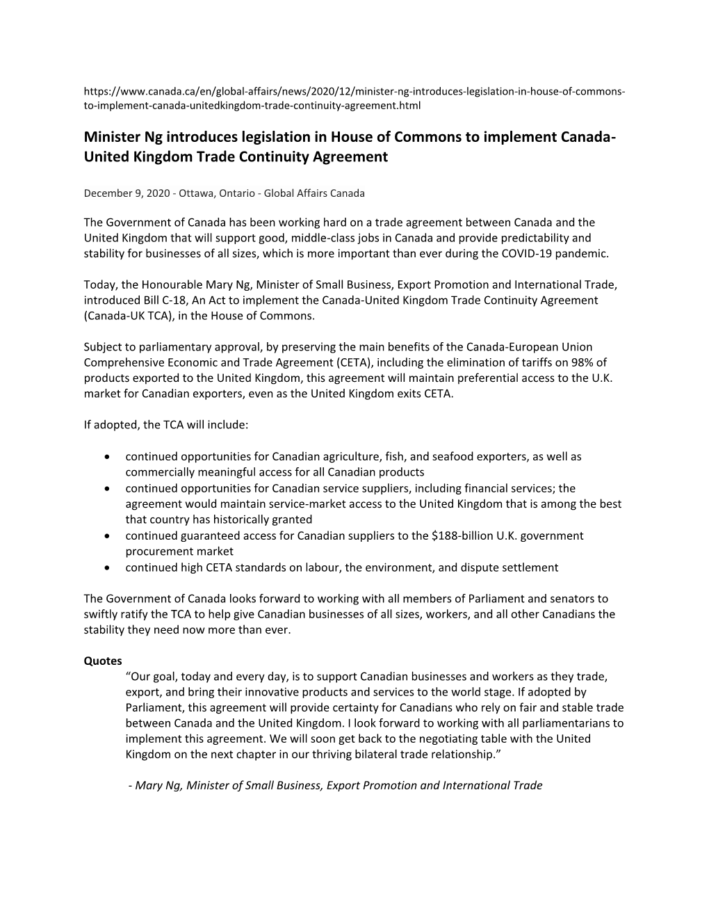 Minister Ng Introduces Legislation in House of Commons to Implement Canada- United Kingdom Trade Continuity Agreement