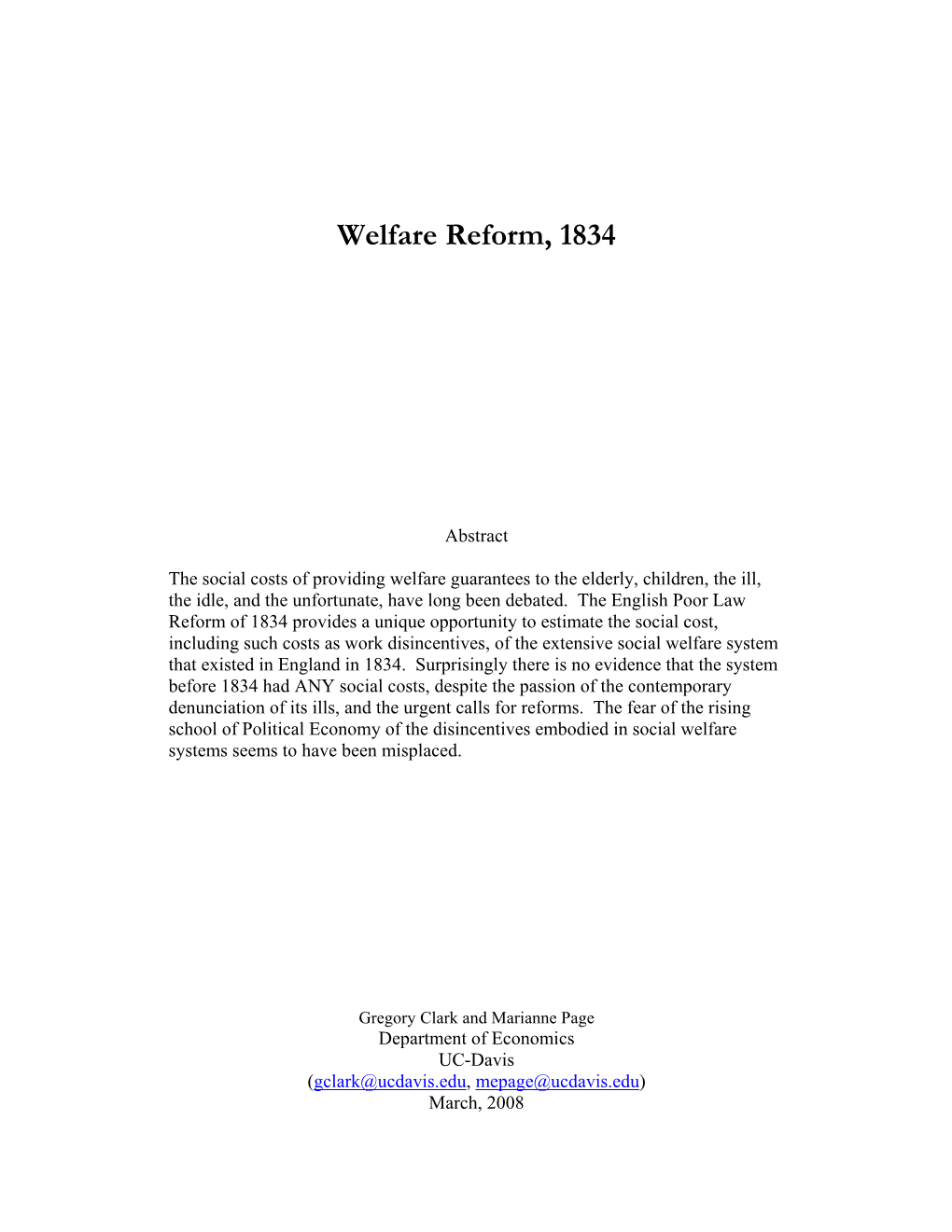 Welfare Reform, 1834