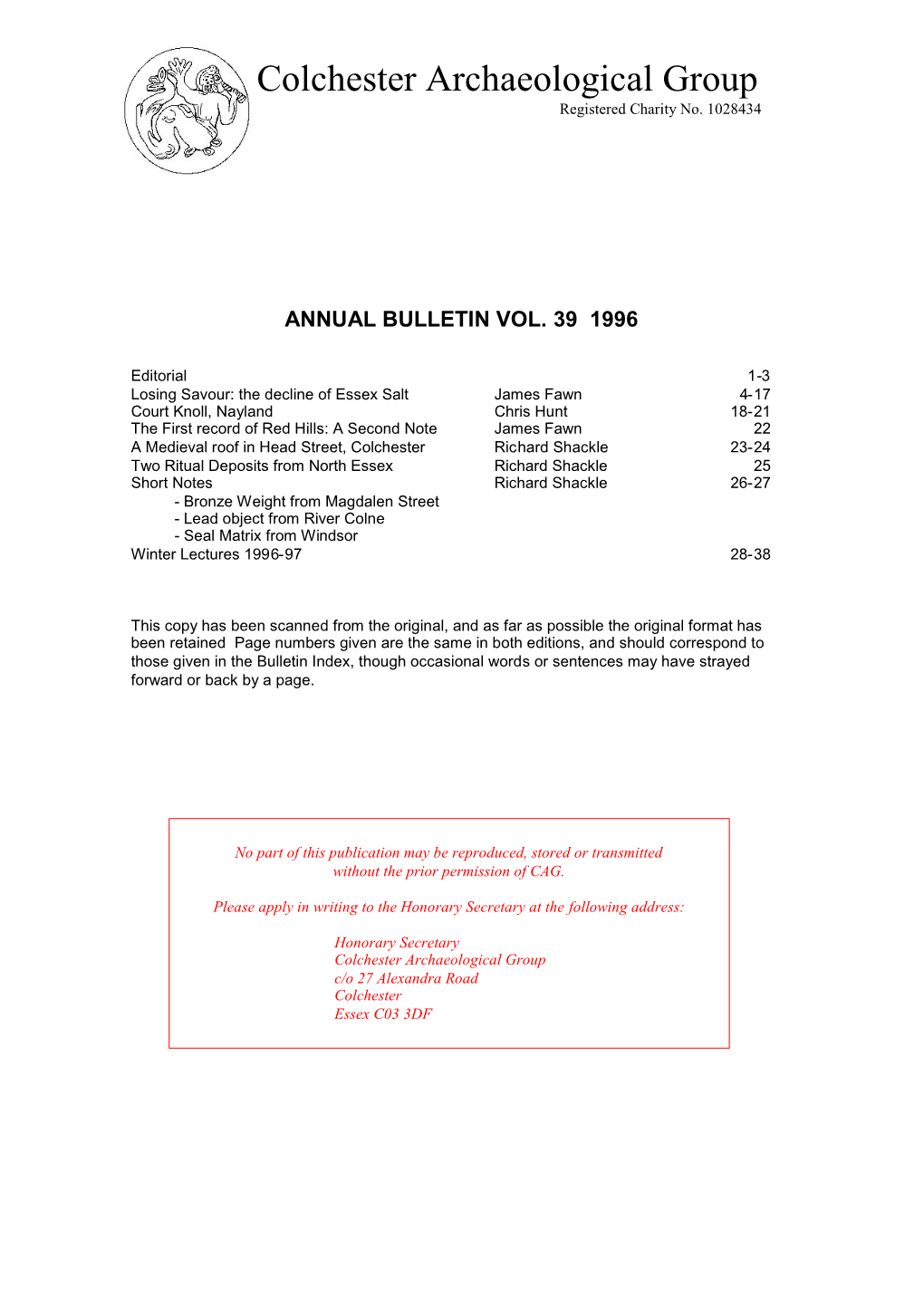 Bulletin 39 1996 Colchester Archaeological Group President: Mr David T-D Clarke