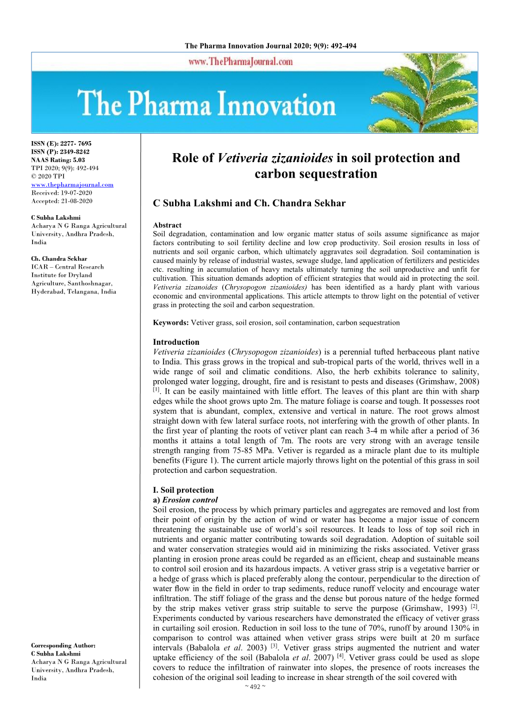 Role of Vetiveria Zizanioides in Soil Protection and Carbon Sequestration