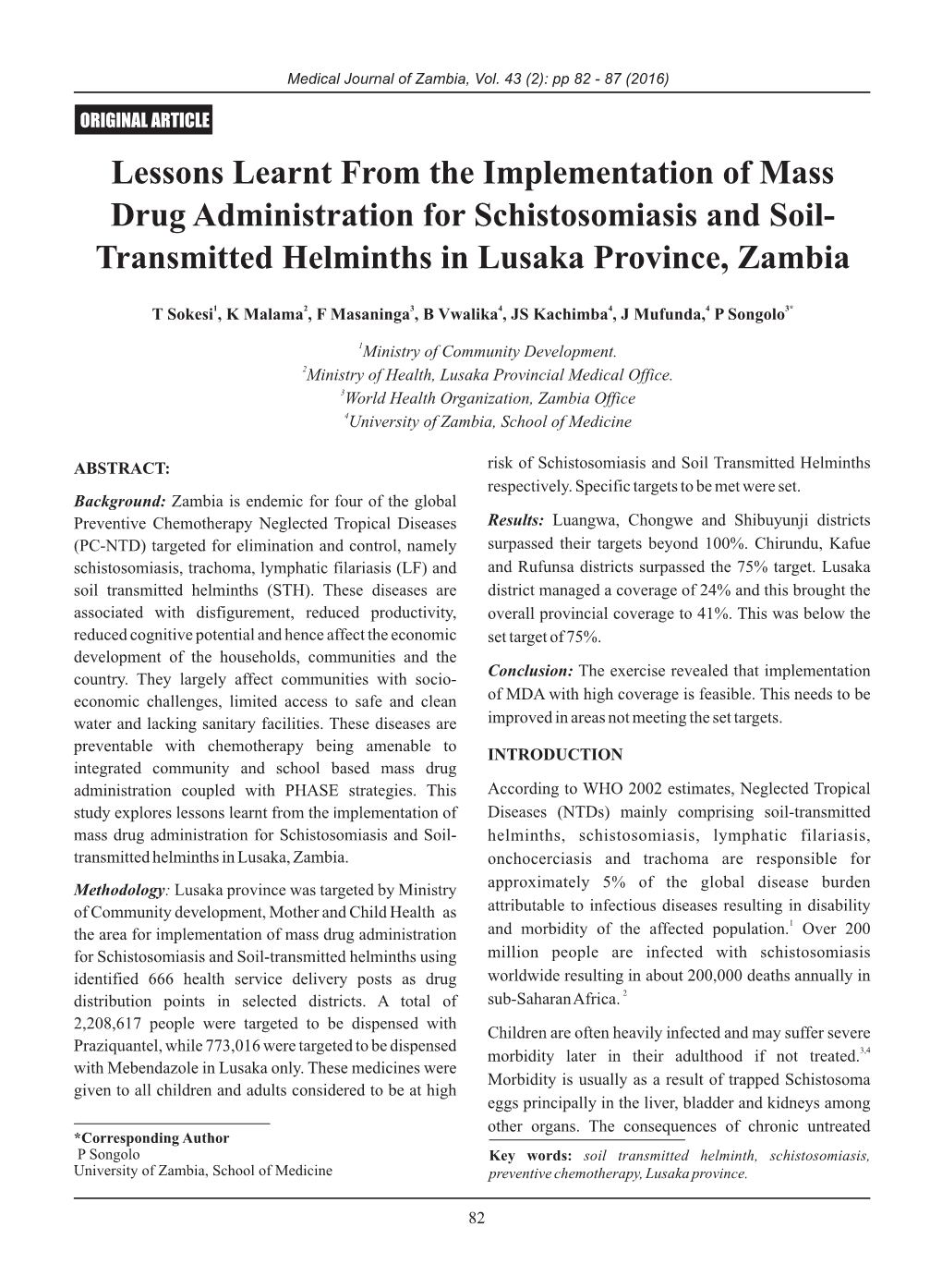 Transmitted Helminths in Lusaka Province, Zambia