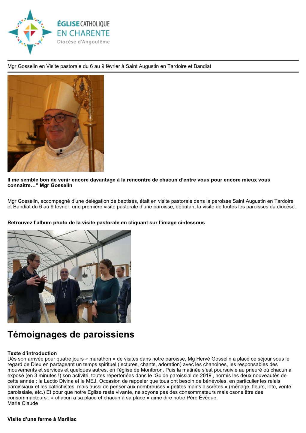 Mgr Gosselin En Visite Pastorale Du 6 Au 9 Février À Saint Augustin En Tardoire Et Bandiat