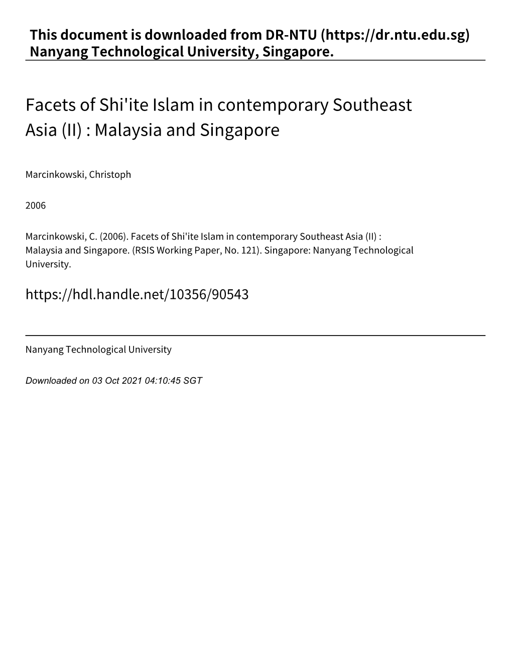 Facets of Shi'ite Islam in Contemporary Southeast Asia (II) : Malaysia and Singapore